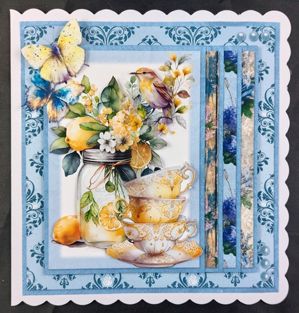 Summer Tea 13: Lemon Tea & Butterflies 8 x 8 Quick Card Front with Sentiment Tags by Linda Short