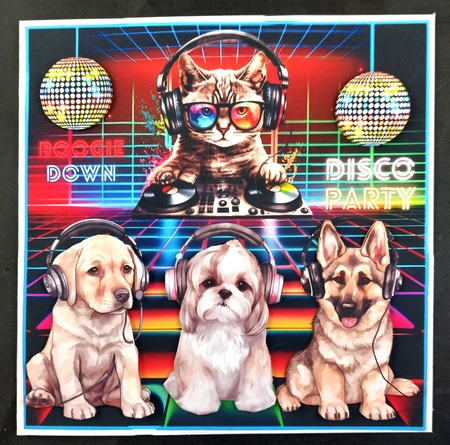 Pups silent disco card front by Linda Short