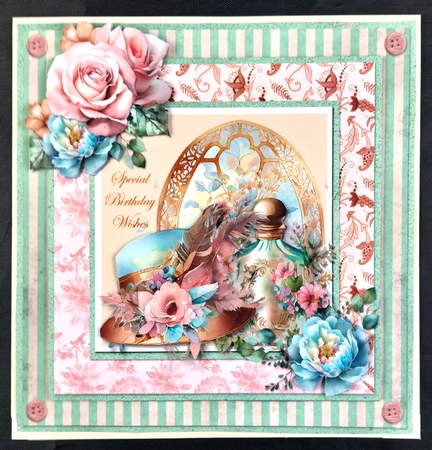 Windows on Summer 16: Shabby Hat & Perfume 8 x 8 Quick Card Front with Sentiments  by Linda Short