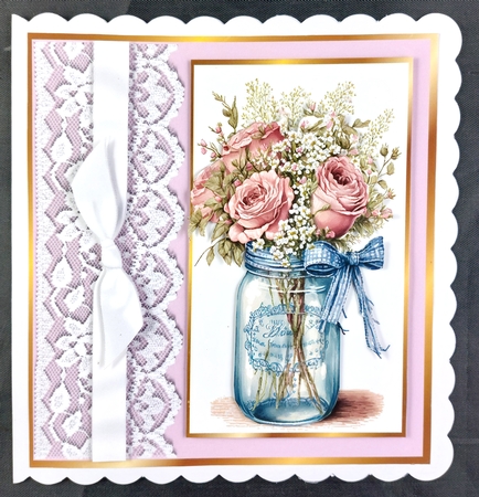 Pretty Jar Of Roses, With Lace & Bow 8x8 (two) by Linda Short