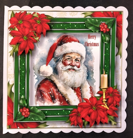 Jolly Father Christmas & Red Poinsettias 8x8 by Linda Short