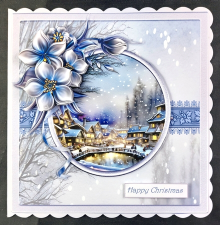 Christmas village  and winter flowers 7x7 by Linda Short