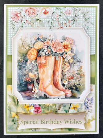 Two 7 x 5 (aprox) Floral welly card fronts by Linda Short