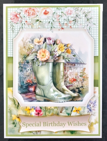 Two 7 x 5 (aprox) Floral welly card fronts by Linda Short
