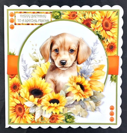 PUPPY WITH SUNFLOWERS by Linda Short
