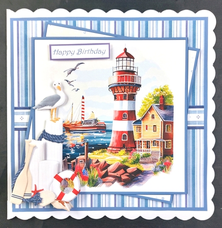Lighthouse and boat 7x7 by Linda Short