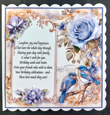 Blue rose,music and birds card front by Linda Short