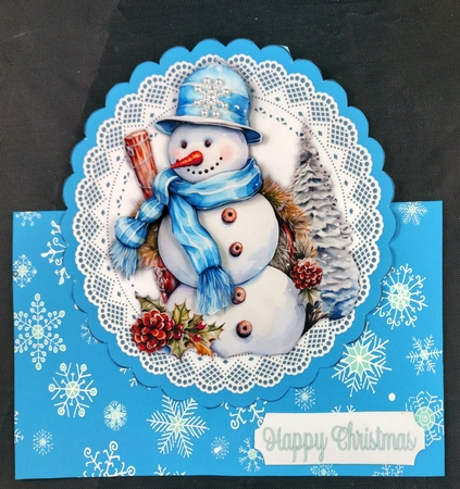 Snowman with Blue Hat & Scarf 7 x 7 Shaped Card by Linda Short