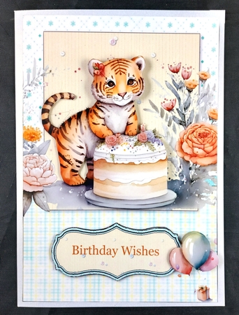 Little Tiger Birthday Party A5 Card Front and Decoupage by Linda Short