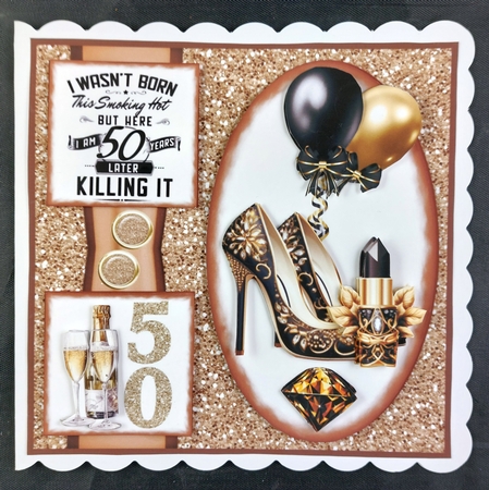 Black and gold age 50/60 Ladies Birthday card front 2 by Linda Short