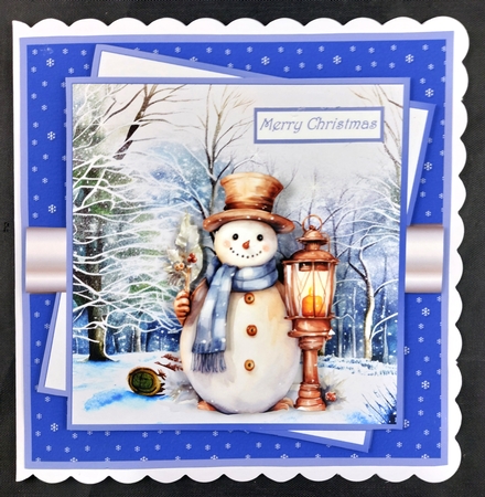 Snowman with his lamp 7x7 card, decoupage, sentiment tiles, insert and gift tags by Linda Short