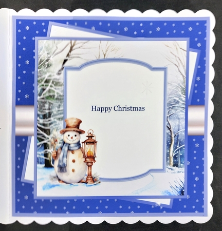 Snowman with his lamp 7x7 card, decoupage, sentiment tiles, insert and gift tags by Linda Short