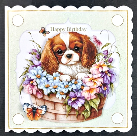 3 Green floral pup in basket card front/toppers 3 by Linda Short