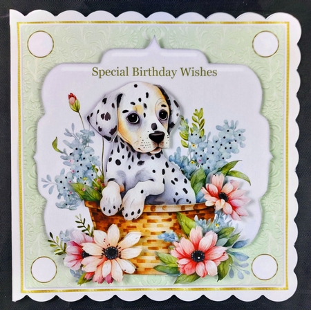 3 Green floral pup in basket card front/toppers 6 by Linda Short