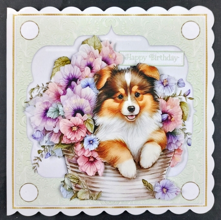 3 Green floral pup in basket card front/toppers 13 by Linda Short
