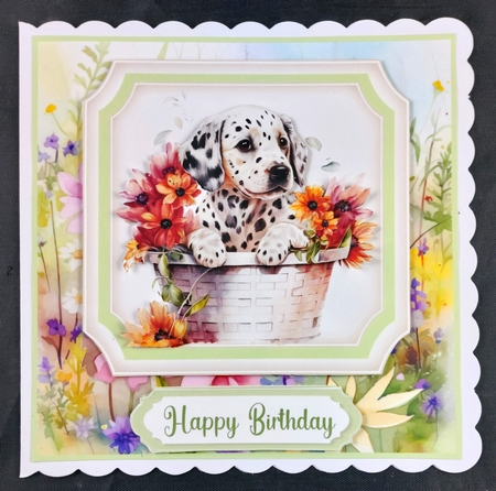 Floral puppy in basket card front 4 by Linda Short