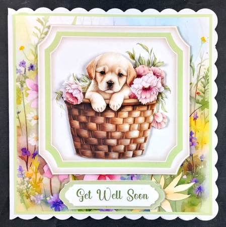 Floral puppy in basket card front 11 by Linda Short
