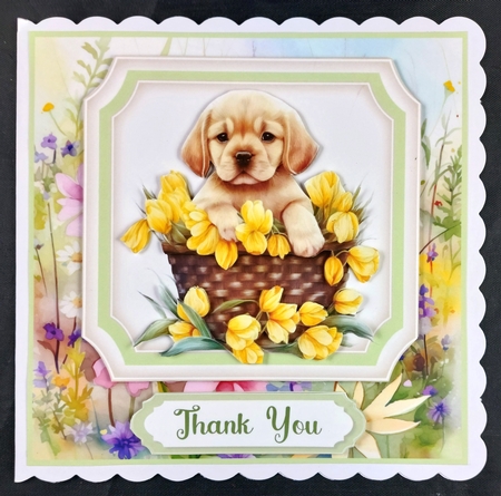 Floral puppy in basket card front 14 by Linda Short
