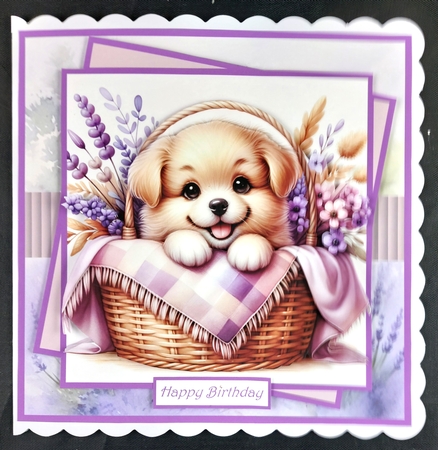 Puppy surprise 7x7, sentiment tiles, decoupage, insert and toppers by Linda Short
