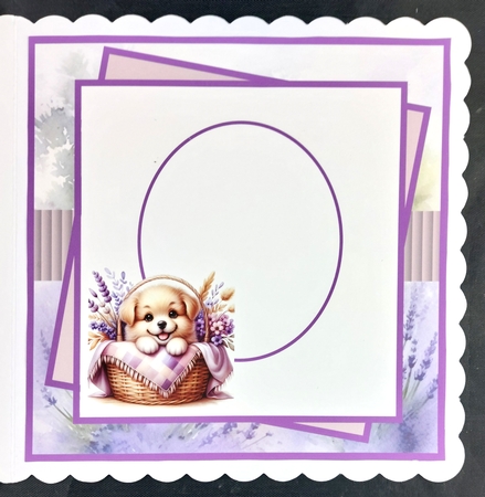 Puppy surprise 7x7, sentiment tiles, decoupage, insert and toppers by Linda Short