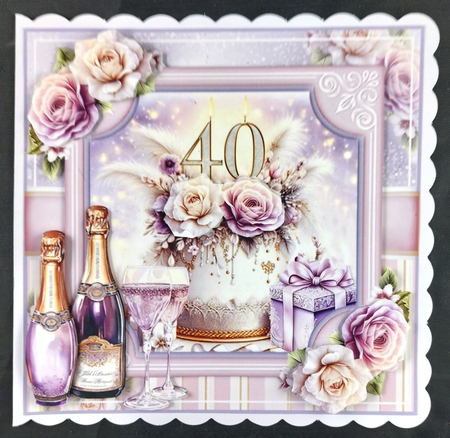 Floral 40th Birthday Cake Card Front With Decoupage  by Linda Short