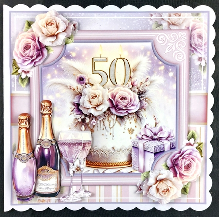 Floral 50th Birthday Cake Card Front With Decoupage  by Linda Short