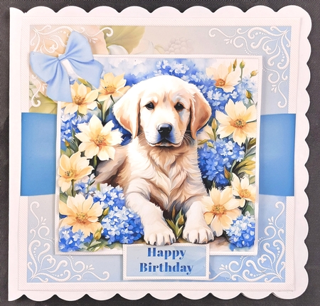Dog with yellow And Blue Flowers by Linda Short