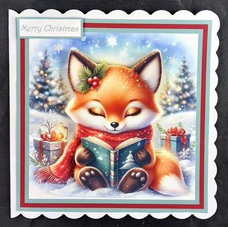 Red fox reading a Christmas book 6x6, and decoupage by Linda Short