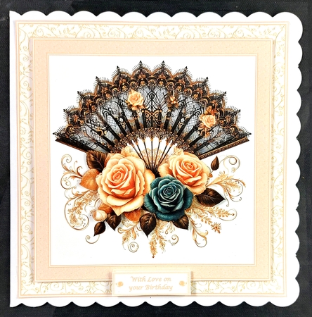 8 x 8 beige and black vintage fan quick card front. by Linda Short