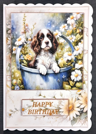 Springer Spaniel Puppy in a Bucket  A5 Card Front and Decoupage by Linda Short