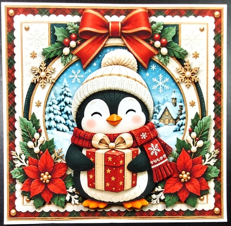 8x8 Festive Penguins Quick Card Front with Sentiment  by Linda Short