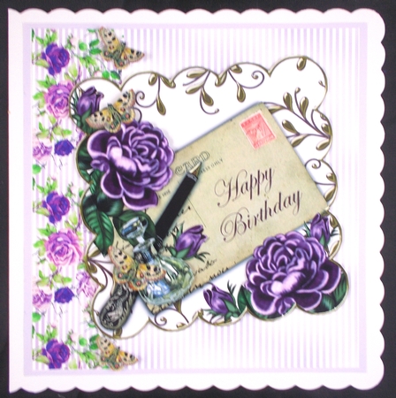 Purple Roses Happy Birthday Ink Saver 8in Decoupage Topper by Linda Short