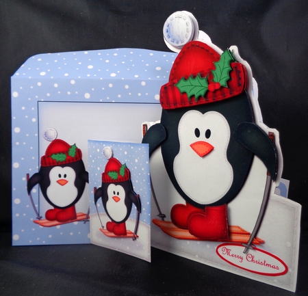 3D Xmas Skiing Penguin Present Shaped Card with Decoupage by Linda Short