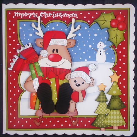 8x8 Christmas Sledging Rudolph Mini Kit 3D Decoupage by Linda Short