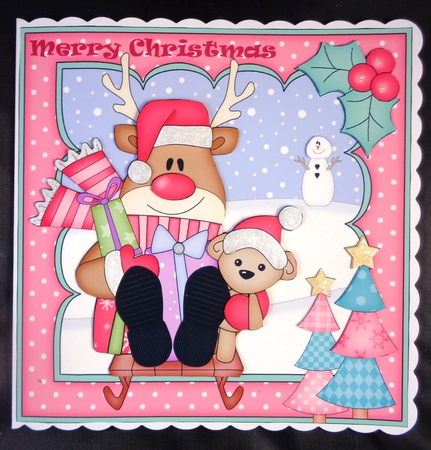 8 x 8 Christmas Sledging Rudolph Scalloped Corner Topper by Linda Short