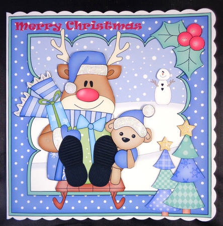 8 x 8 Christmas Sledging Rudolph Scalloped Corner Topper by Linda Short