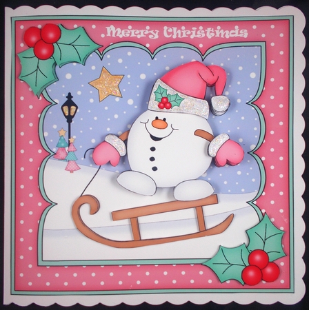 8x8 Christmas Sledging Snowball Sam Mini Kit 3D Decoupage by Linda Short