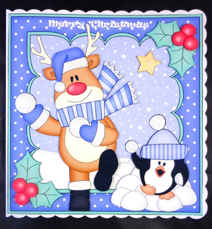 8 x 8 Christmas Snowball Fight Rudolph Scalloped Corner Topp by Linda Short