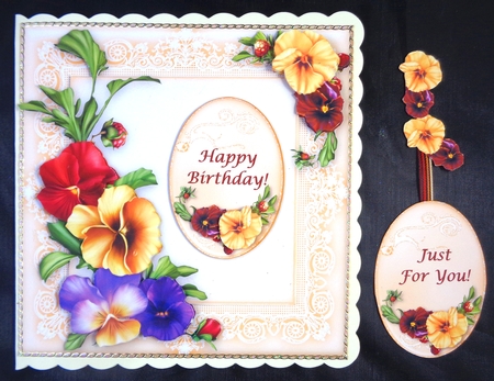 Perfect Pansies - 6" x 6" Card Topper + Decoupage & Tags by Linda Short