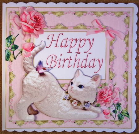 Cute China ornament cat with butterfly and roses 8x8 by Linda Short