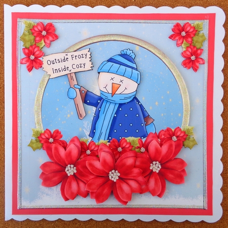 Frozy snowman and poinsettia 7x7 card with decoupage by Linda Short