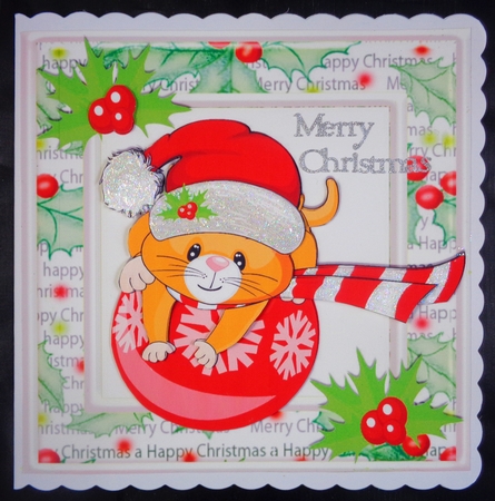 Cute kitty on christmas bauble with holly 8x8 by Linda Short