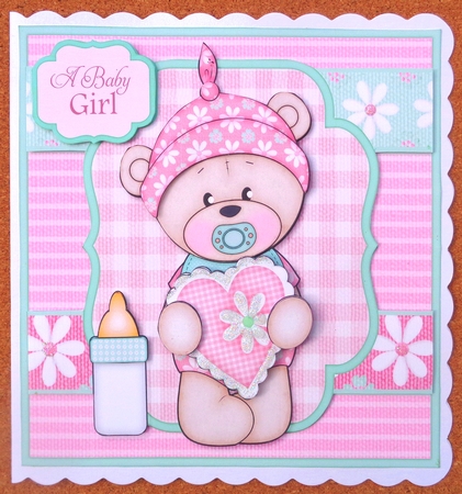 New Baby Bella Teddy Bear 7x7 Card Front with Decoupage by Linda Short