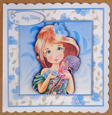 Card Topper Beautiful Blue Flowers Young Girl 107 by Linda Short