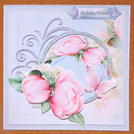 Peony rose 7x7 card with decoupage and sentiment tags by Linda Short