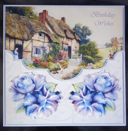 Village life with blue rose 7x7 card with decoupage by Linda Short