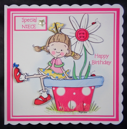 Birthday card with girl sitting on plant pot by Linda Short
