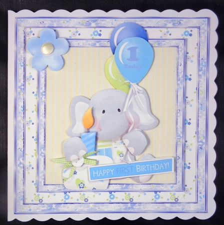 baby elephant first birthday 7x7 card with topper by Linda Short