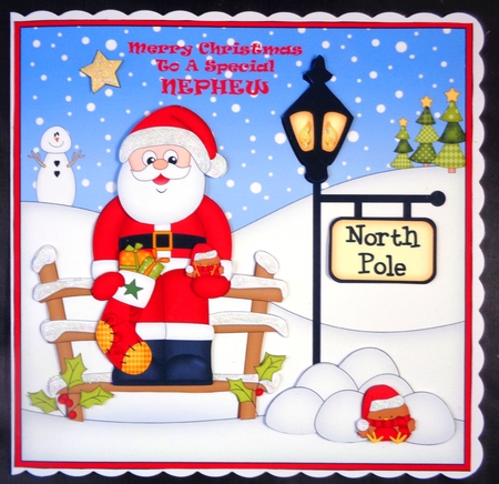 8 x 8 Christmas at the North Pole Santa has a Stocking Scalloped Corner Topper  by Linda Short