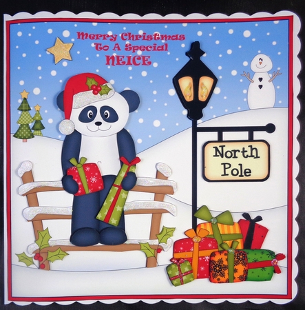 8 x 8 Christmas at the North Pole Chi Chi Panda has some Christmas Presents Scalloped Corner Topper   by Linda Short